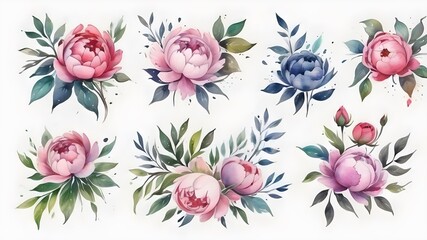 set of floral branch ,flower pink rose, purple flower, green leaves, wedding concept with flowers , invite arrangement for greeting card ,illustration of watercolour colour  - obrazy, fototapety, plakaty