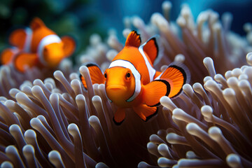 An image of a clownfish nestled among the tentacles of a sea anemone, exemplifying the symbiotic...