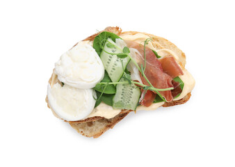 Tasty sandwich with burrata cheese, prosciutto and cucumber isolated on white, top view