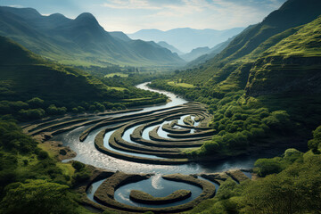 A surreal landscape where a river flows uphill, challenging the natural order of water movement in...