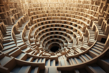 A visually confusing scene of an Escher-like staircase, forming an endless loop that challenges...
