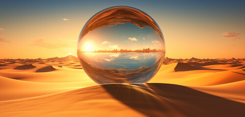 A vast desert under a scorching sun, with golden sand dunes stretching endlessly, and the shimmering heat distorting the distant horizon in a glass globe. - obrazy, fototapety, plakaty