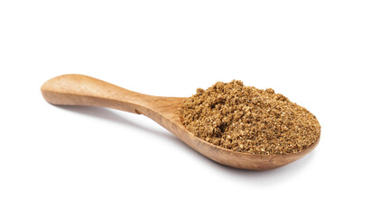 Wooden spoon of aromatic caraway (Persian cumin) powder isolated on white