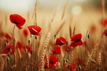 Naklejka premium Contrasting poppy flowers on soft bokeh background with copy space for text placement