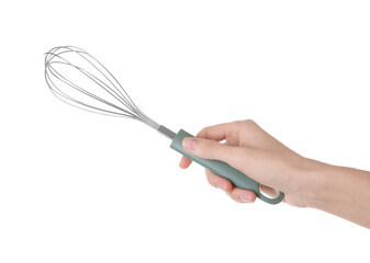 Woman holding metal whisk on white background, closeup