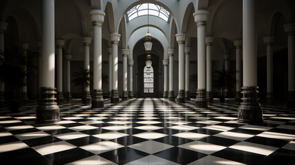 Large ornate room - checkerboard tile floor - black and white photo - carefully crafted interior columns  - obrazy, fototapety, plakaty
