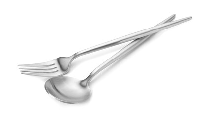 Shiny silver fork and spoon isolated on white. Luxury cutlery
