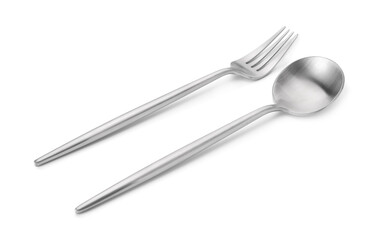 Shiny silver fork and spoon isolated on white. Luxury cutlery