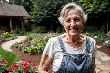 senior woman in garden, enjoying life, having fun, gardening and taking care of her backyard, farming style clothing, smiling