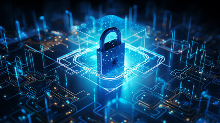 cybersecurity concept, electronic circuit board with processor, blockchain technology