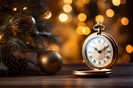 A pocket watch is on a wooden table next to a Christmas tree