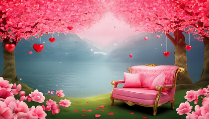 Love Romantic Valentine's day background  heart-shaped clouds in pink over a landscape featuring a lake, roses and a pink chair on grass