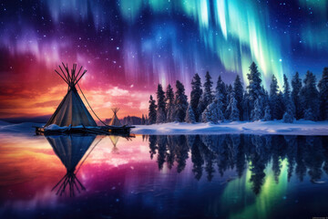 aurora lights over water and a teepee in a snowy landscape