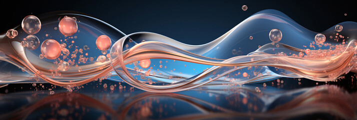 Cosmetic Essence with Liquid Bubble and Molecule in DNA Water Splash Background 3D Rendering - obrazy, fototapety, plakaty