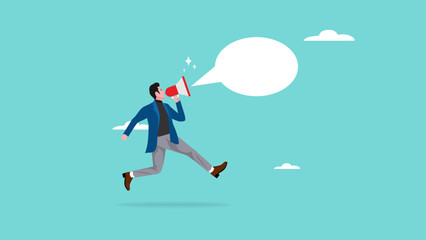 businessman with loudspeaker illustration, illustration of a person expressing an opinion, announcements or promotions concept, businessman jump while speaking into loudspeaker illustration - obrazy, fototapety, plakaty