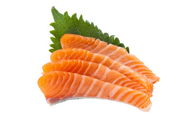 fresh salmon sashimi with perilla leaf isolated on white background.