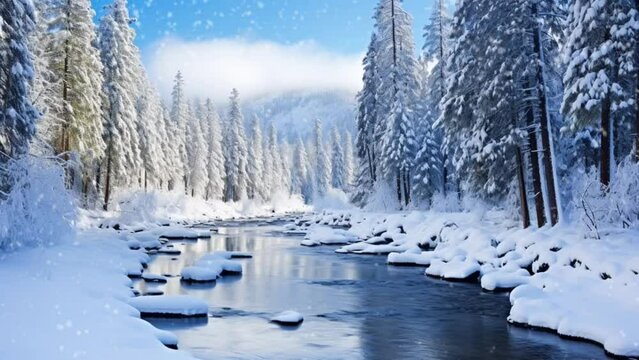 Winter in the middle of the forest with a
 snow covered stream. seamless looping  time-lapse virtual video animation background