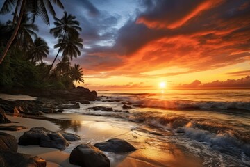 Obraz premium A stunning sunset over a tropical beach with palm trees