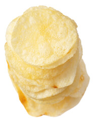 Stacked potato chips isolated on white background, top view.