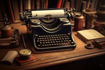 A vintage typewriter and old manuscripts on a wooden desk