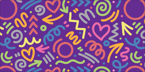 fun colorful line doodle seamless pattern. Creative abstract art background collection for children or festive celebration design. Simple childish scribble wallpaper print texture bundle.