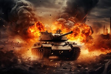 An armored tank shooting on a battlefield in a war. Bombs and explosions in the background. Fire, smoke, and ash everywhere. PC desktop wallpaper background. - obrazy, fototapety, plakaty