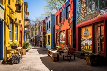 An art-filled pedestrian street in a bohemian neighborhood, with galleries, murals, and creative energy.