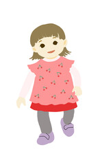 さくらんぼ柄のピンクのワンピースを着た2歳くらいの女の子のイラスト