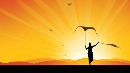 Happy Makar Sankranti, showcasing a silhouette of a man flying a kite with a sun illustration
