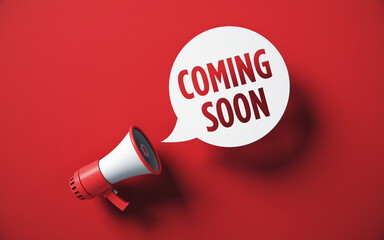 oming Soon Written Speech Bubble and Red Megaphone on Red Background