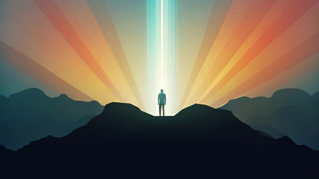 A person standing on one side of a mountain with another person standing on the other side with a beam of light Psychology art concept.