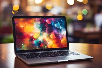 Sleek laptop on desk with vibrant bokeh background featuring abstract shapes and colors - obrazy, fototapety, plakaty