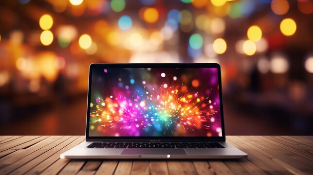 Sleek modern laptop on desk with vibrant bokeh background featuring abstract shapes and colors