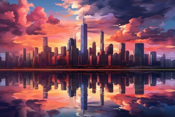 Modern city skyline at sunset with reflective skyscrapers and vibrant sky.
