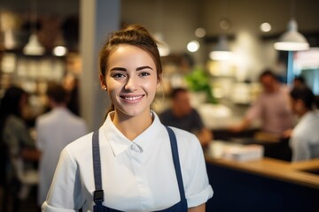 Smiling, young, and attractive saleswoman, cashier serving customers.