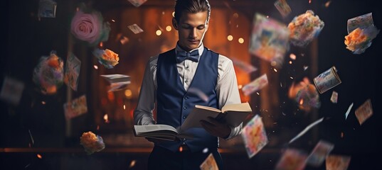 Magician performing tricks with blurred bokeh effect, colorful smoke, and floating objects - obrazy, fototapety, plakaty
