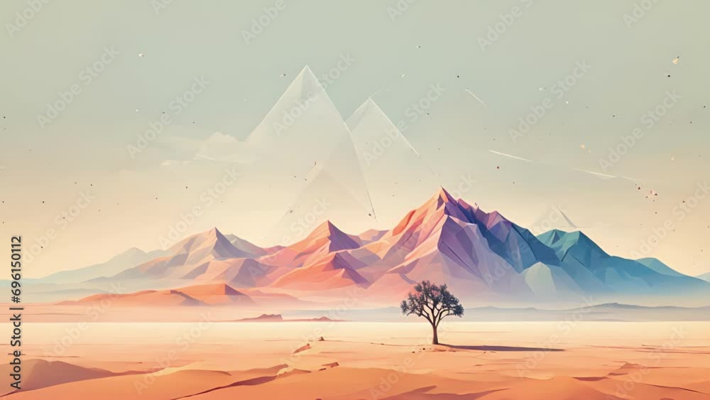 Wall mural geometric minimal illustration of a lone tree in a vast desert with abstract mountains in the backgr