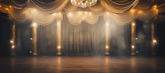 Blurred bokeh effect of elegant broadway theater stage with grand curtain and sparkling chandeliers - obrazy, fototapety, plakaty