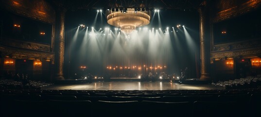 Elegant broadway stage with grand curtain, sparkling chandeliers, and blurred bokeh effect