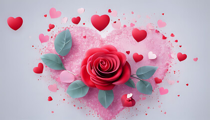Love Romantic Valentine's day wallpaper with a pink heart in the center adorned with a red rose at the heart of the heart from which hearts of different sizes in red and pink emanate