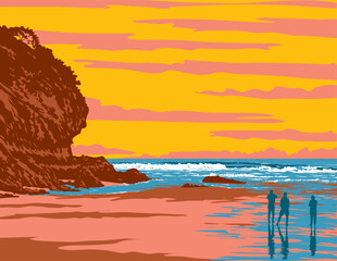 WPA poster art of Lion Rock on Piha Beach in the Waitakere Ranges area of Auckland, New Zealand done in works project administration or federal art project style.