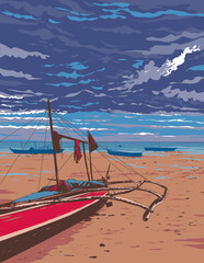 WPA poster art of a bangka or double outrigger dugout canoe in Santa Fe Beach, Bantayan Island, Cebu, Philippines done in works project administration or federal art project style.