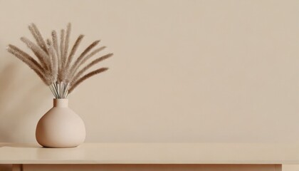Minimalist boho-style interior ceramic vase, on a beige table against a soft beige background with light shadows.