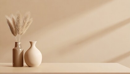 Minimalist boho-style interior ceramic vase, on a beige table against a soft beige background with light shadows.