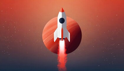 Stylized vector of a spacecraft ascending towards a Mars-like planet, against a gradient orange backdrop, symbolizing space exploration.