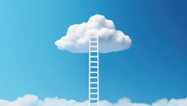 Surreal concept image of a white ladder reaching up to a fluffy white cloud against a clear blue sky, symbolizing ambition and aspiration.
