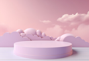 Abstract, elegant podium and product pedestal, fairytale landscape. Pastel purple, pink soft clouds background. 3D Illustration.