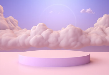 Abstract, elegant podium and product pedestal, fairytale landscape. Pastel purple, pink soft clouds background. 3D Illustration.
