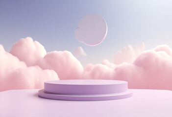 Abstract, elegant podium and product pedestal, fairytale landscape. Pastel purple, pink soft clouds background. 3D Illustration.