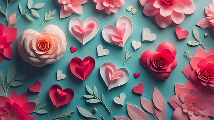 Love Romantic Valentine's day wallpaper 3D background of Valentine's Day made with paper sheets of different colors to create heart shapes with roses on a blue surface - obrazy, fototapety, plakaty